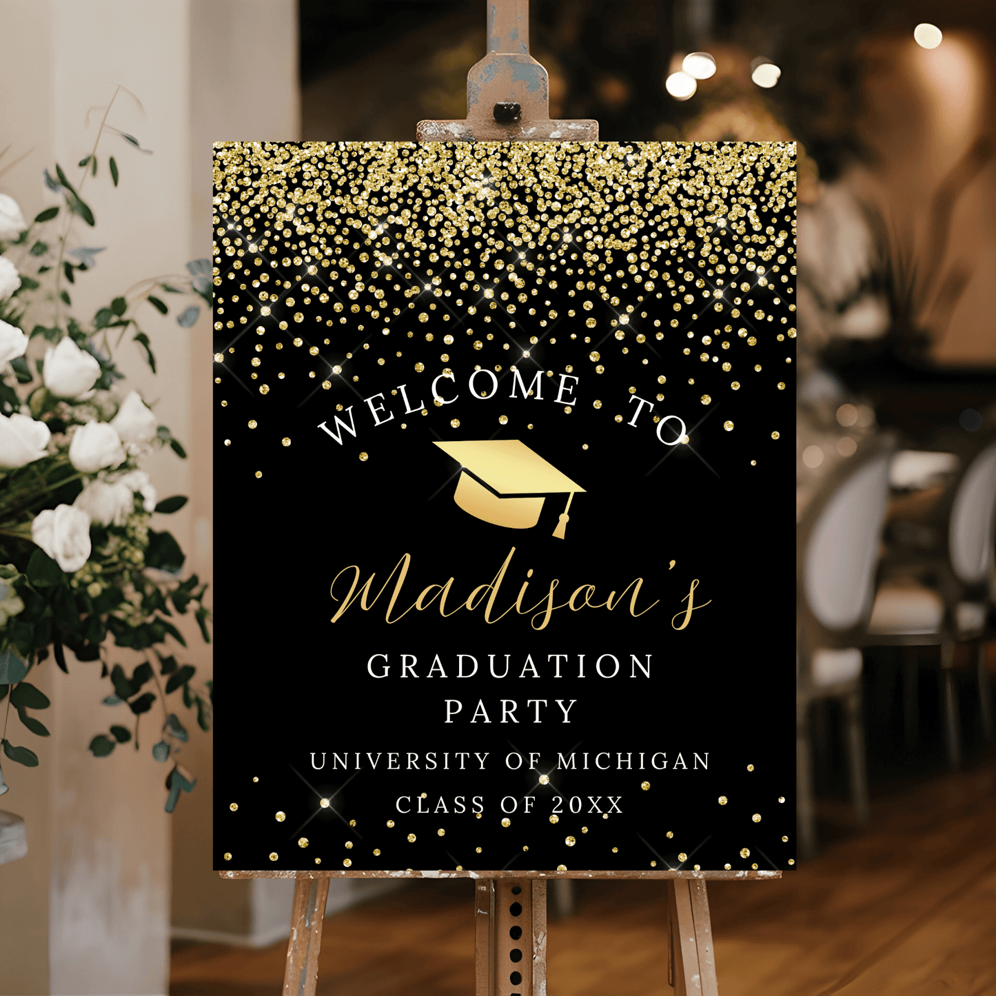 Elegant Gold and Black Graduation Welcome Sign Decoration