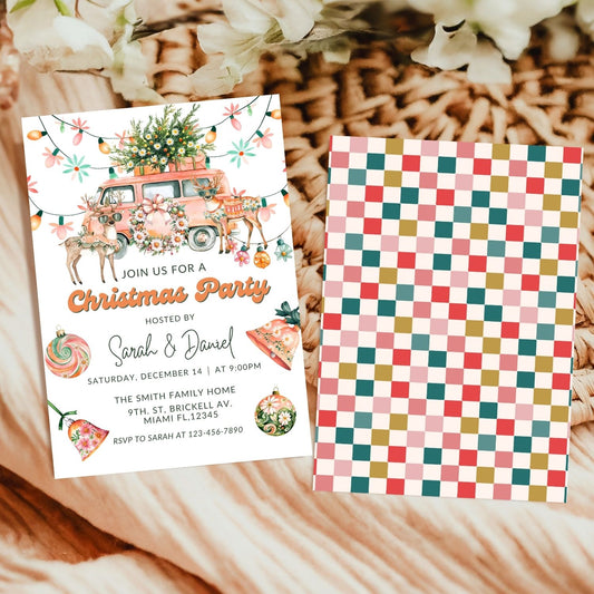 Christmas party invitation with a pink truck and reindeer design on a woven surface.