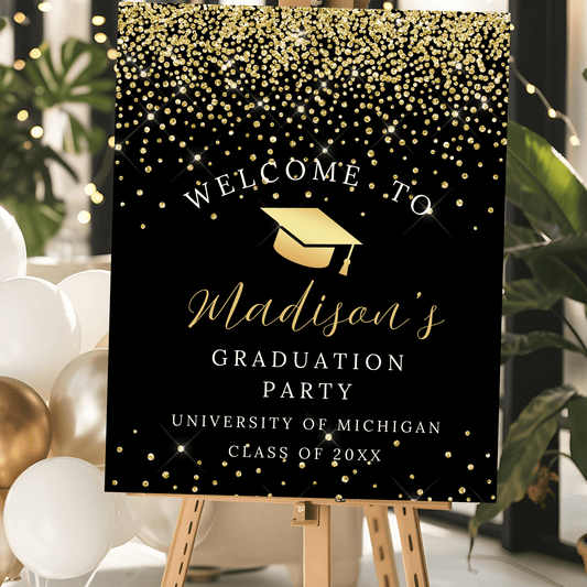 Editable Black and Gold Graduation Party Welcome Sign