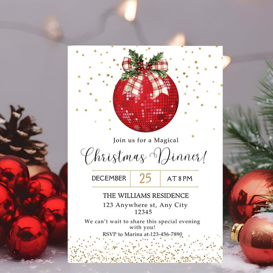 Red Disco Bow Christmas dinner invitation with red ornament design on a festive background