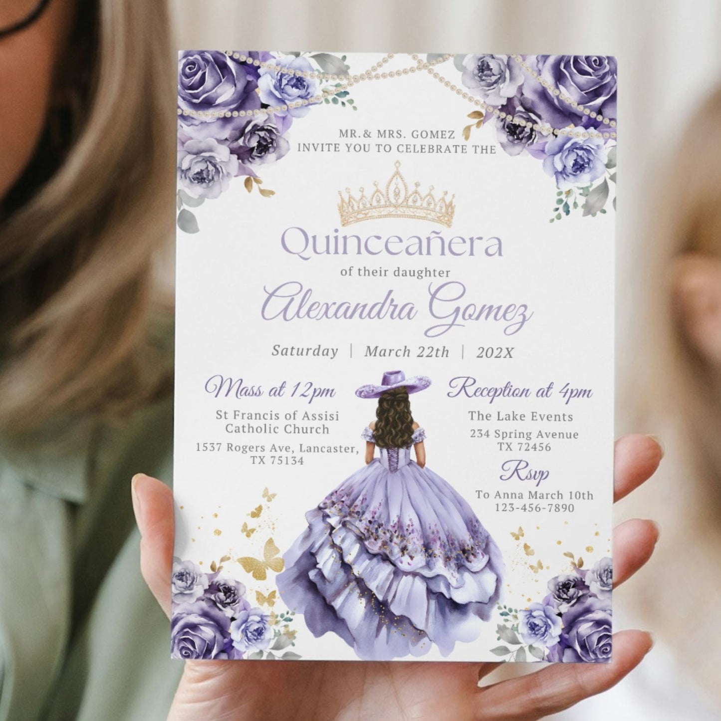 Quinceanera invitation with purple floral and pearls design held by a person