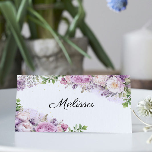Purple Floral Place card with 'Name' on a blurred background