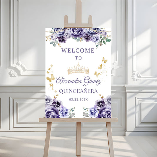 Quinceañera welcome sign with purple flowers and gold accents on a white background