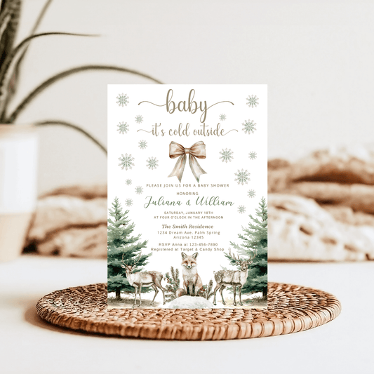 Editable Baby It's Cold Outside Baby Shower Invitation template in canva