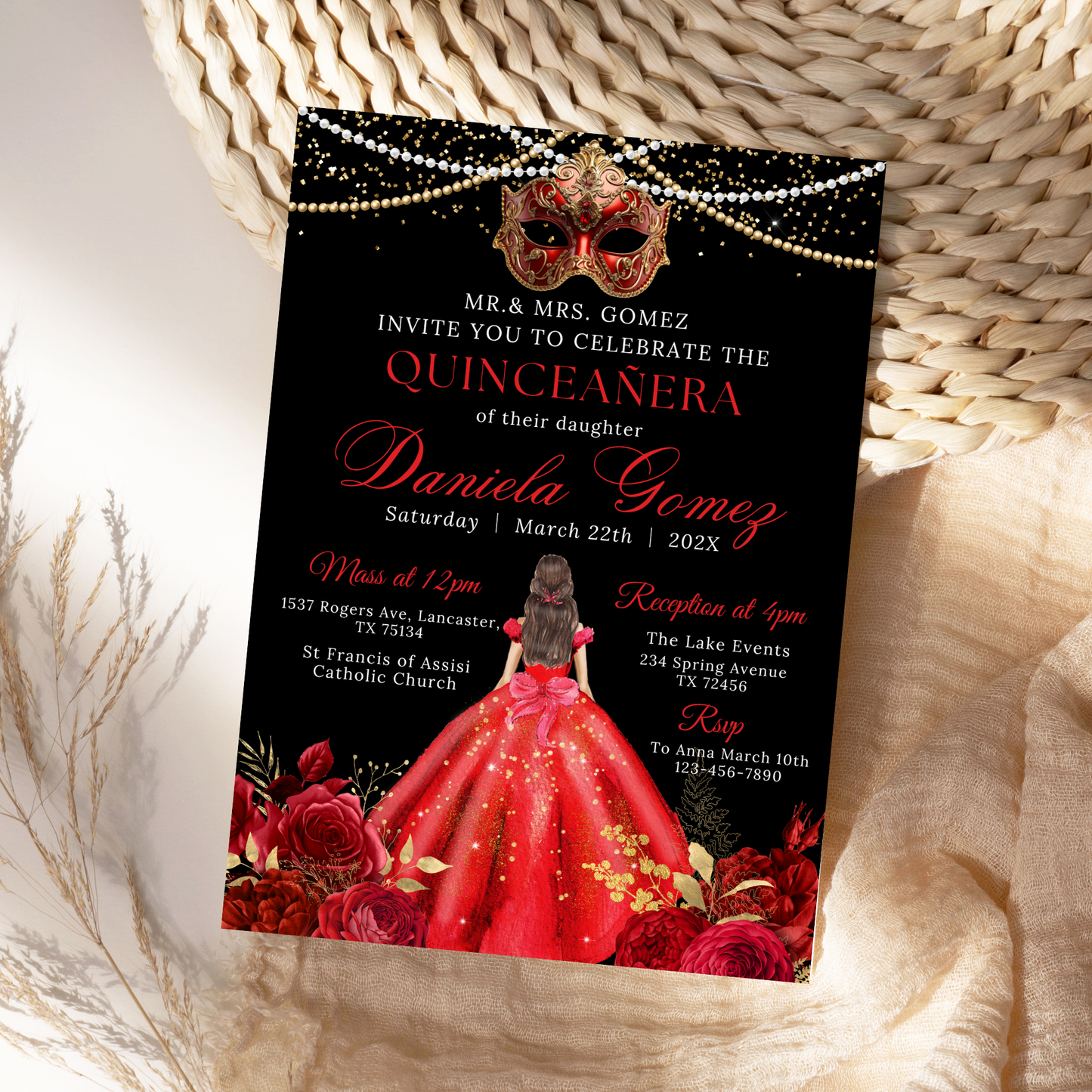 Quinceañera Invitation with Masquerade Princess Red Dress