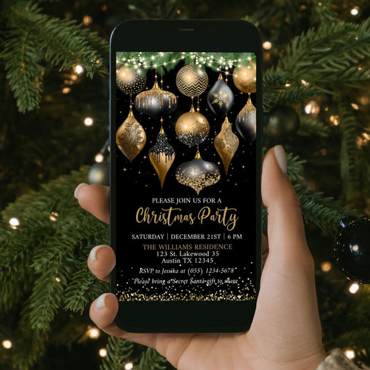 Christmas party invitation on a screen, surrounded by festive decorations.