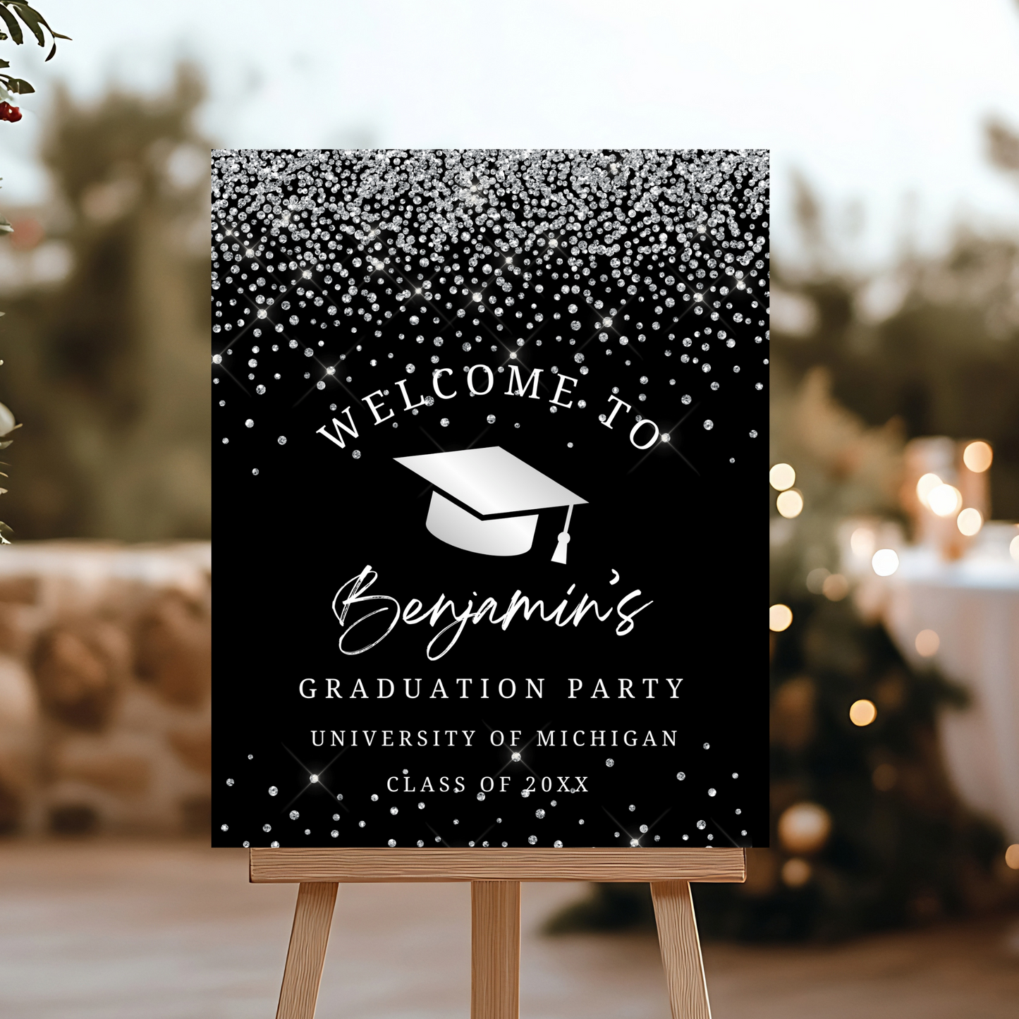 Elegant Black Silver Cap Graduation party Poster