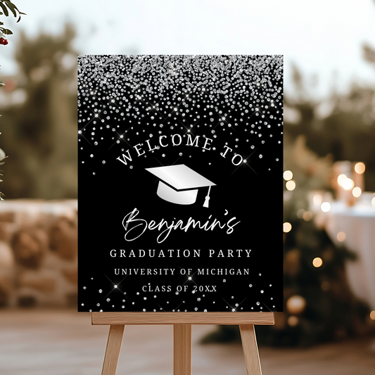 Editable Glitter Silver Graduation Party Welcome Sign