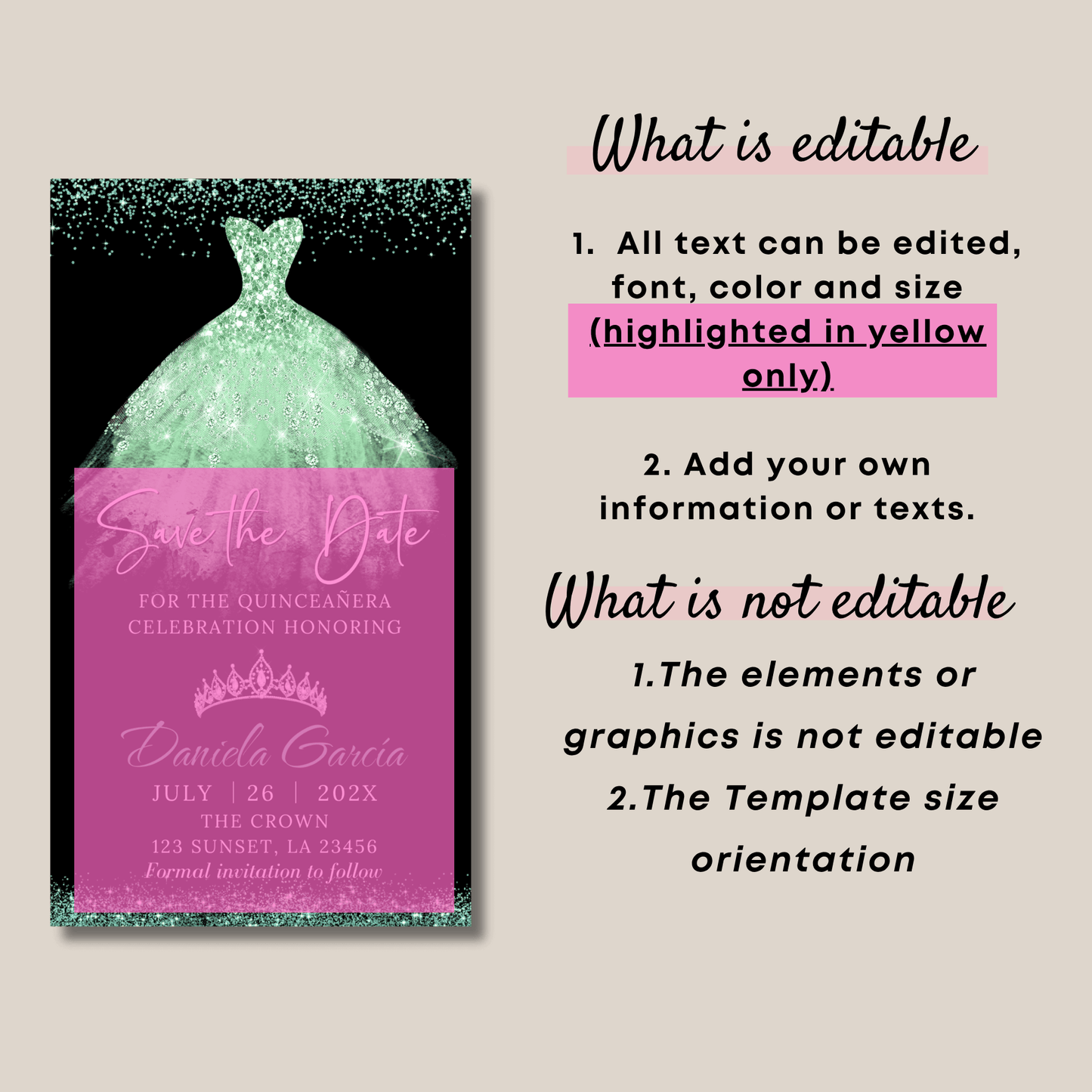 Mint Glitter Quinceañera Save the Date Invitation with editable text options and dress design, perfect for 15th or Sweet 16.