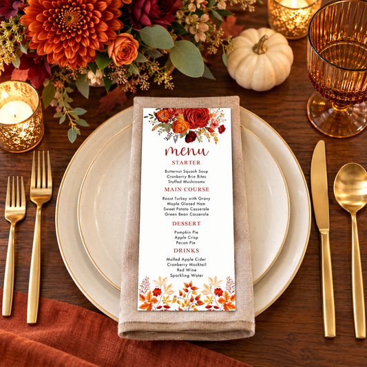 Fall Floral Embroidered effect Menu Card Template displayed on a dining table with autumn decorations for Thanksgiving.