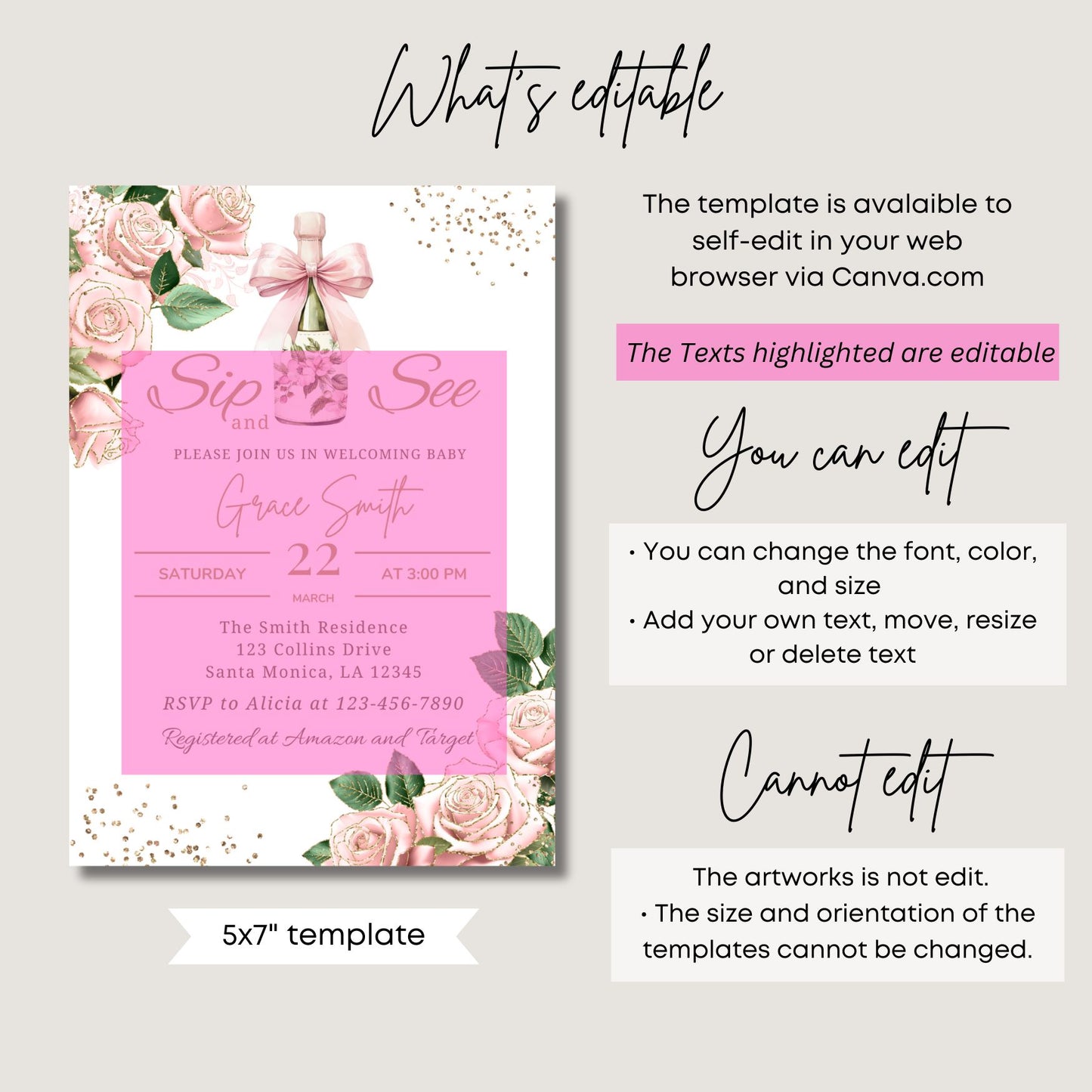 Sip and see Baby shower invitation template with floral design and text editing information.