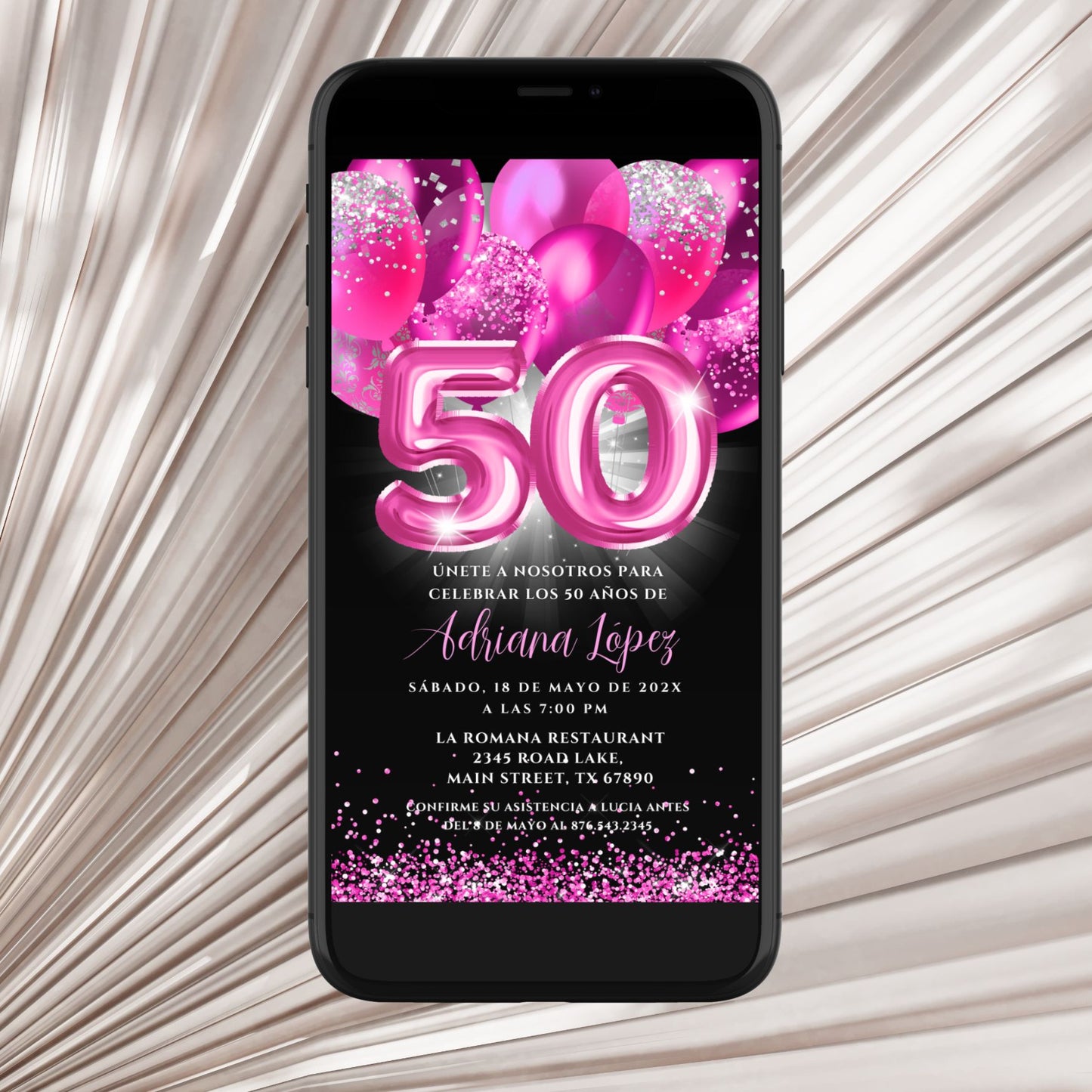 Phone displaying a birthday invitation with pink balloons and number '50' on a light background