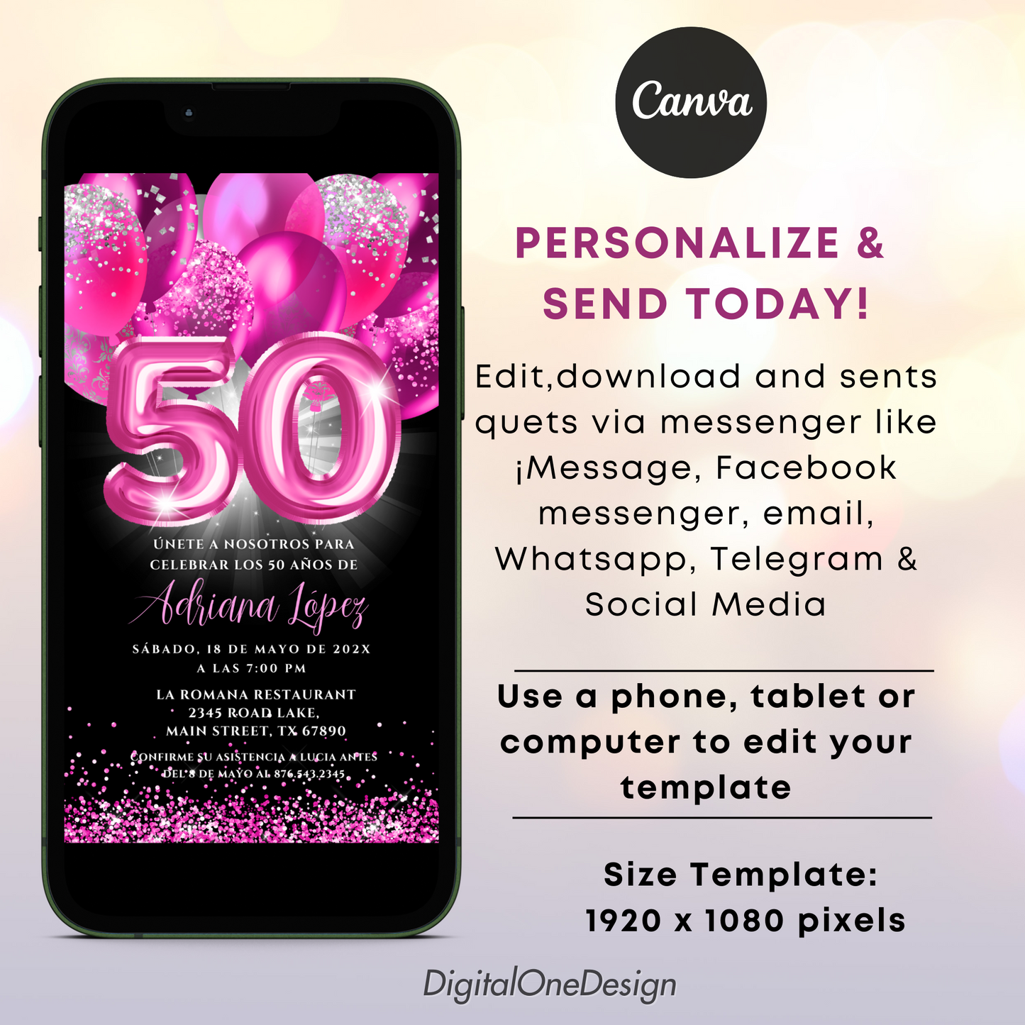 Phone with a birthday invitation on screen, featuring pink numbers '50' and text.