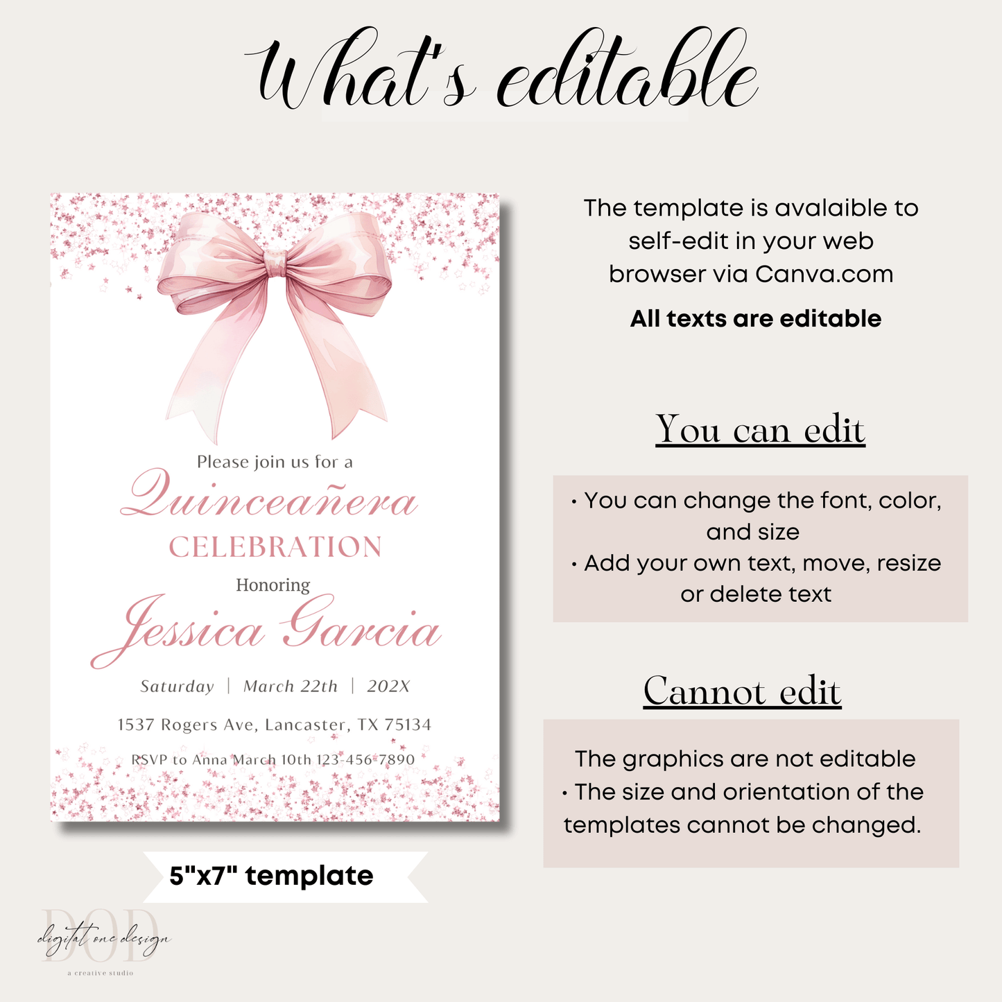 Editable Pink Bow Quinceanera Invite