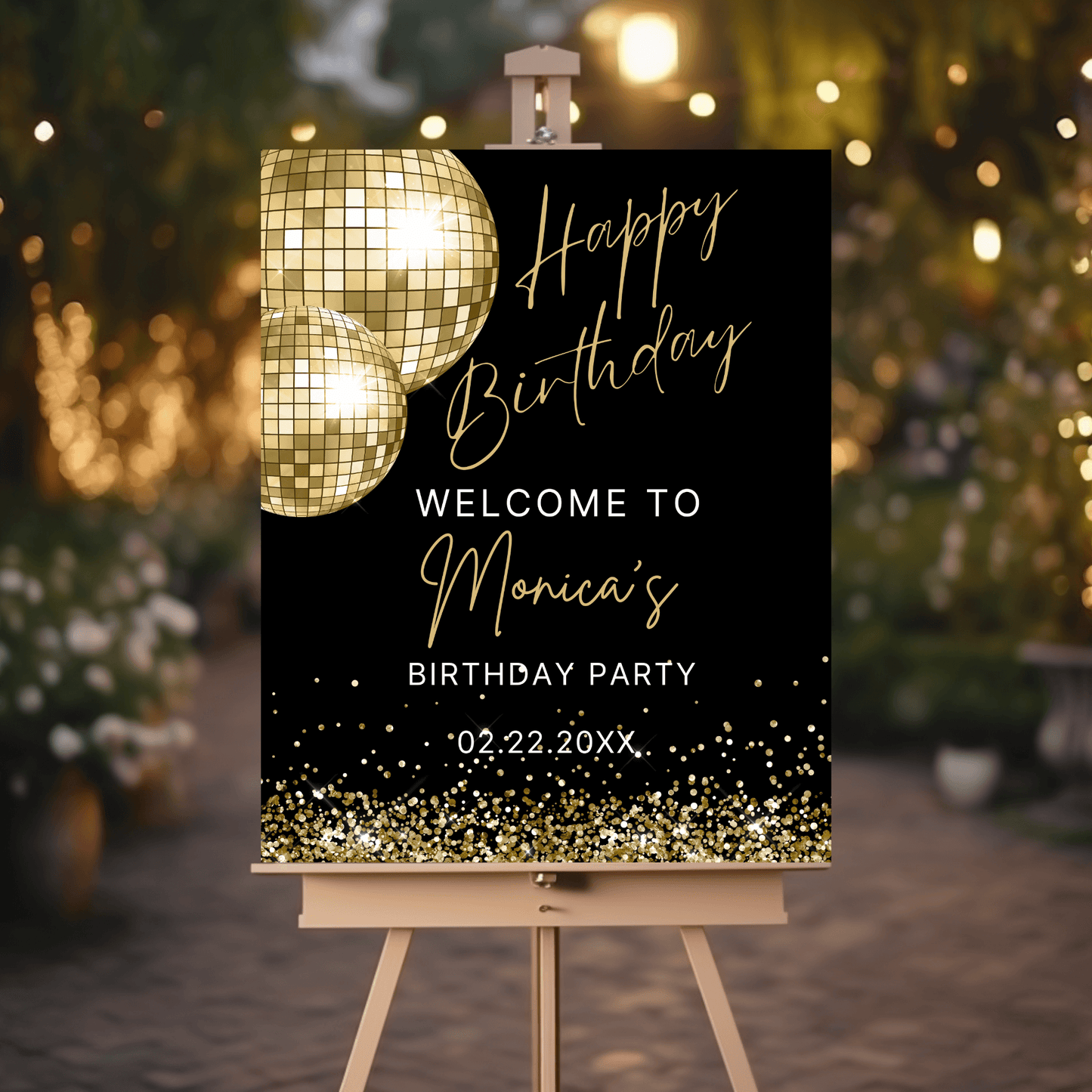 Gold Disco Ball Birthday Welcome Sign, Retro Black & Gold Party Poster, Happy Birthday Sign for Any Age, Instant Download