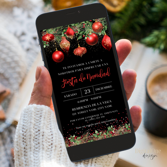 phone with a Spanish Red Christmas party invitation on a blurred festive background