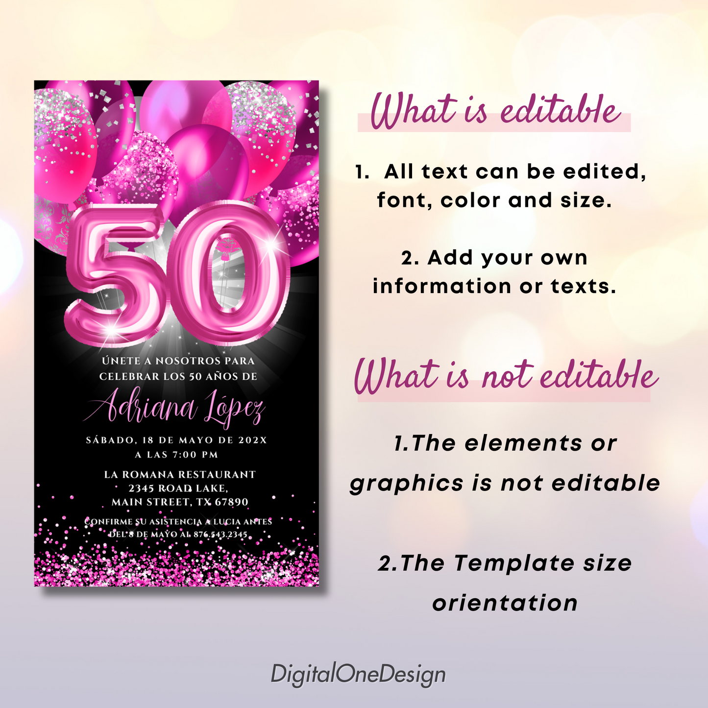 50th birthday invitation card with pink balloons and editable text on a gradient background