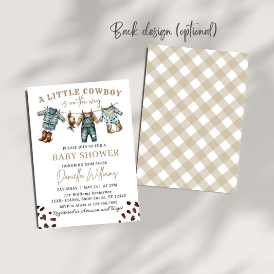 Baby shower invitation with cowboy theme on a checkered background