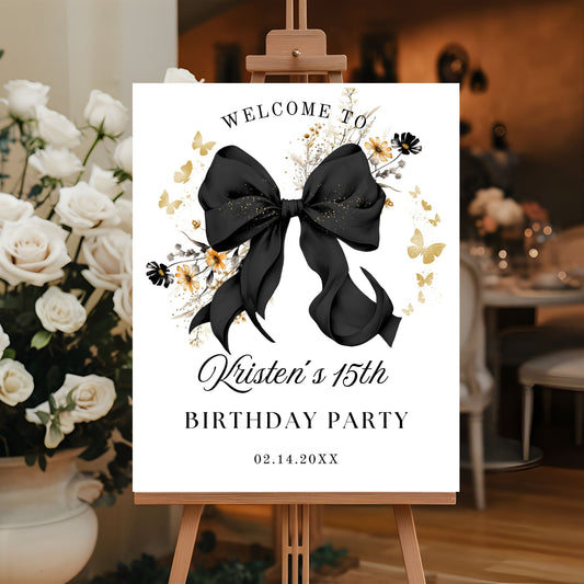 Elegant Black Coquette Bow Wildflower Welcome Sign