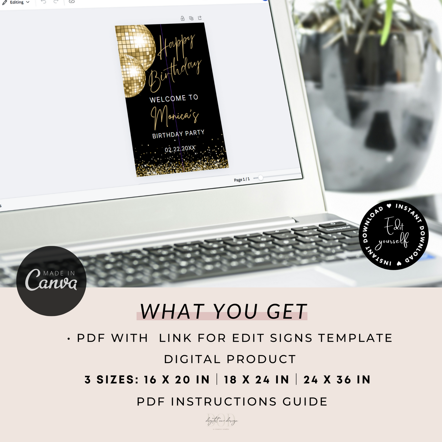 Gold Disco Ball Birthday Welcome Sign, Retro Black & Gold Party Poster, Happy Birthday Sign for Any Age, Instant Download
