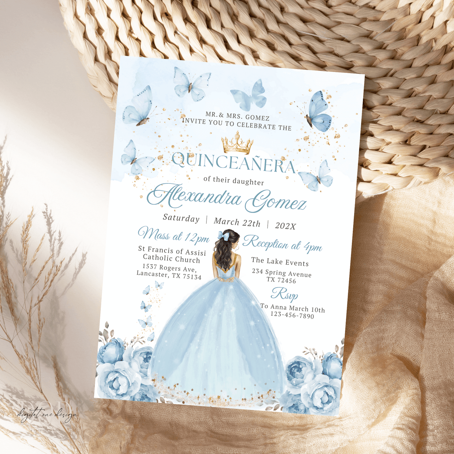 Dusty Blue Princess Dress Quinceanera Birthday Invitation