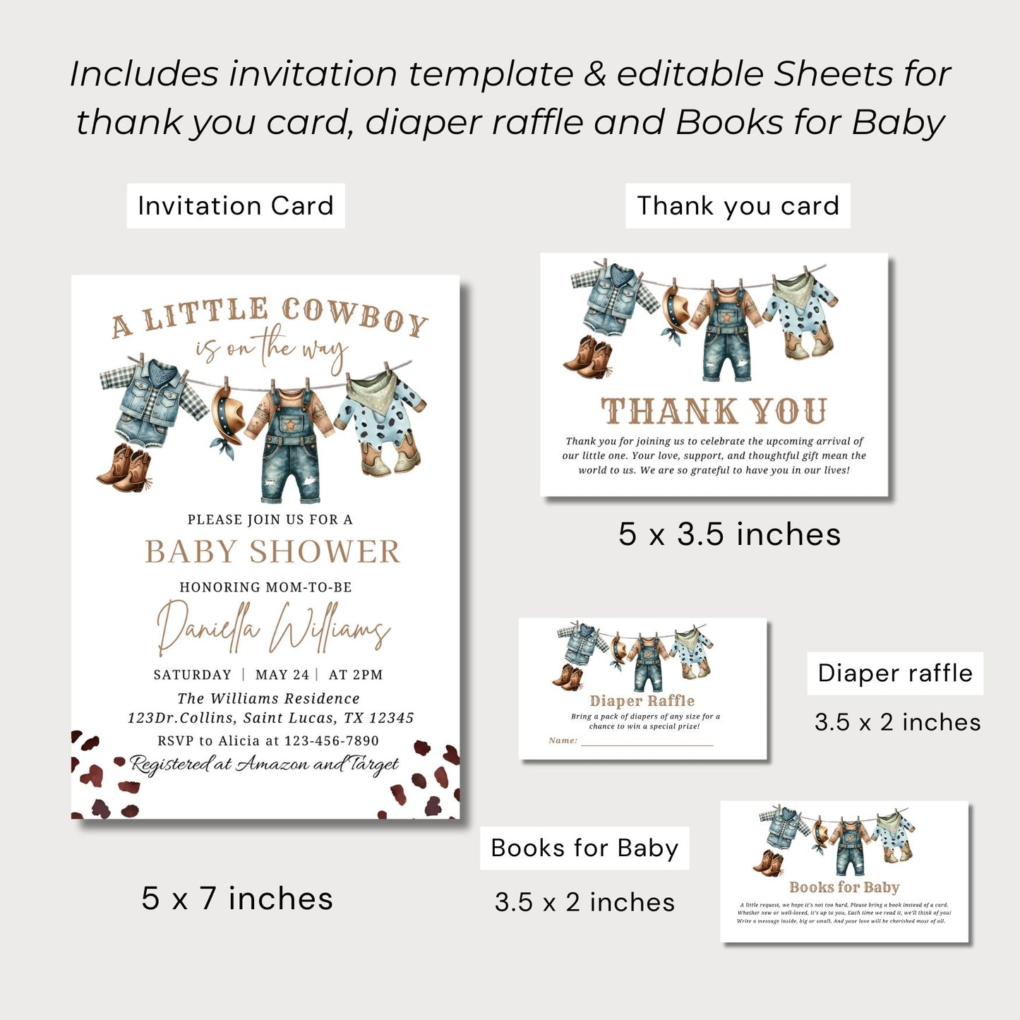 Baby shower invitation set with invitation card, thank you card, diaper raffle, and books for baby on a white background.