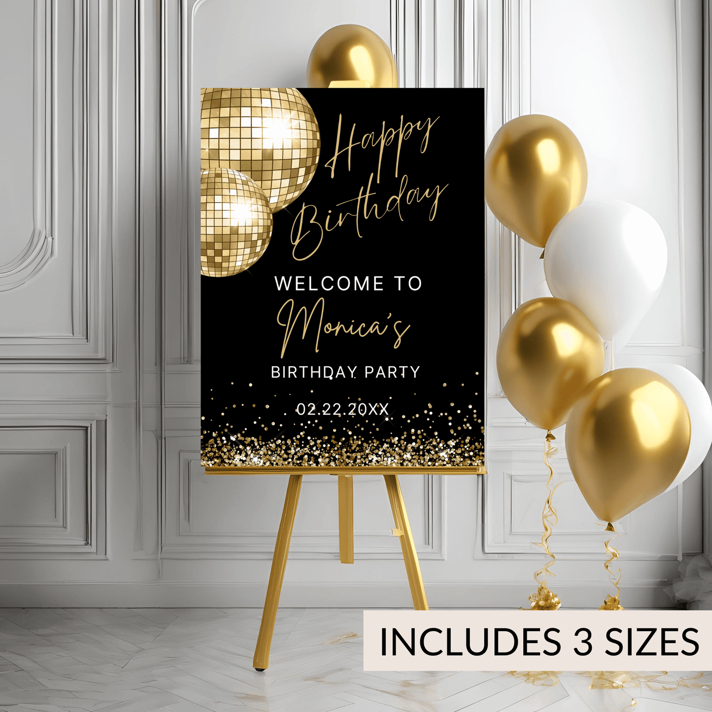 Gold Disco Ball Birthday Welcome Sign, Retro Black & Gold Party Poster, Happy Birthday Sign for Any Age, Instant Download