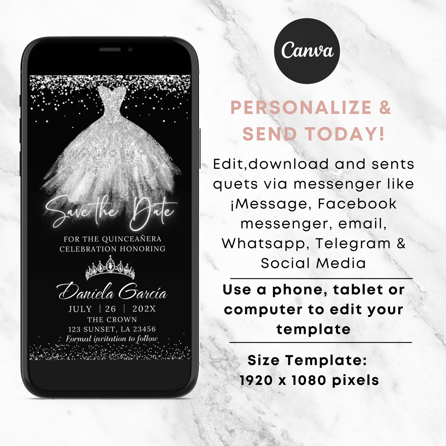 Editable White Glitter Silver 15th Birthday Save the date Evite