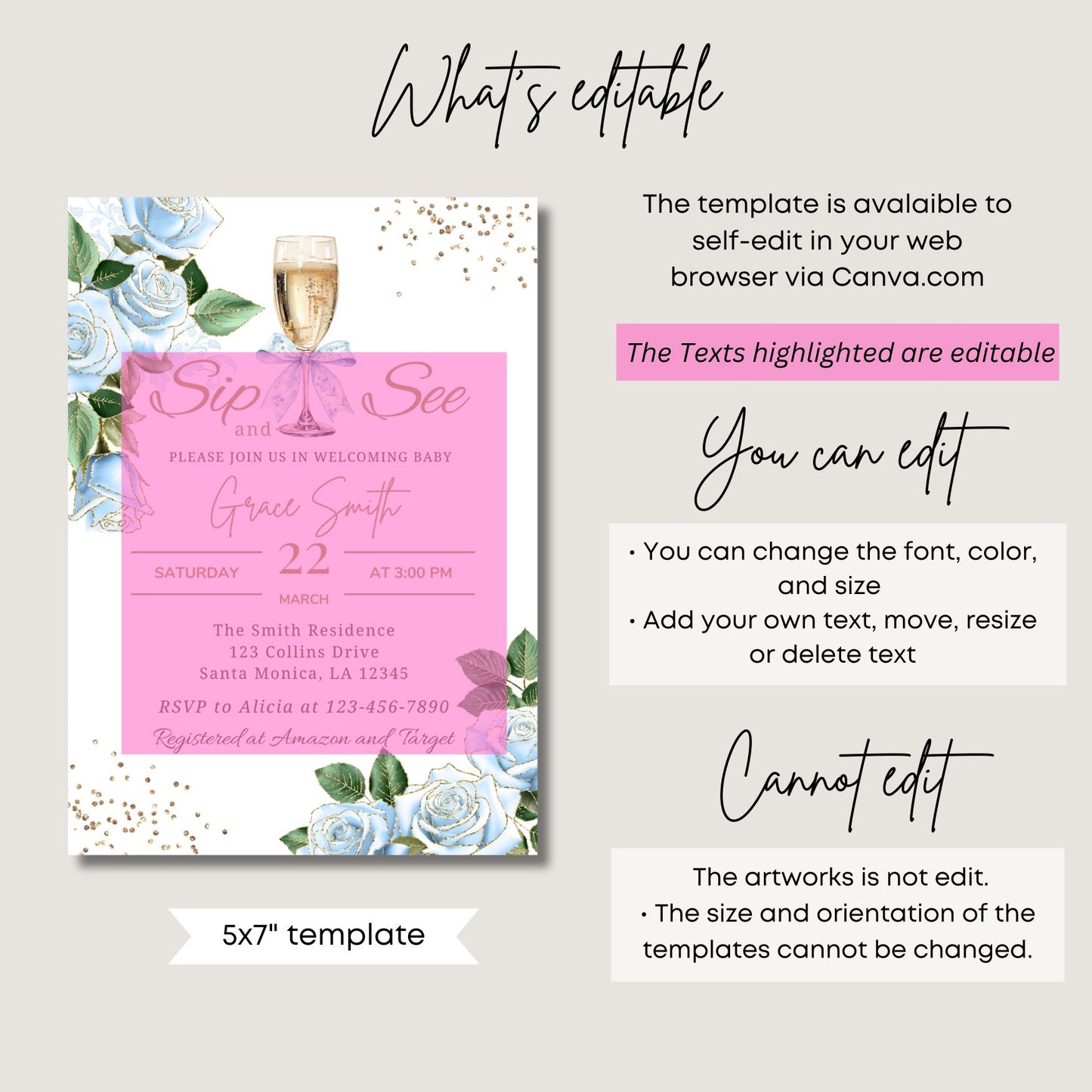 Baby shower invitation template with floral design and champagne glass, featuring text editing information.
