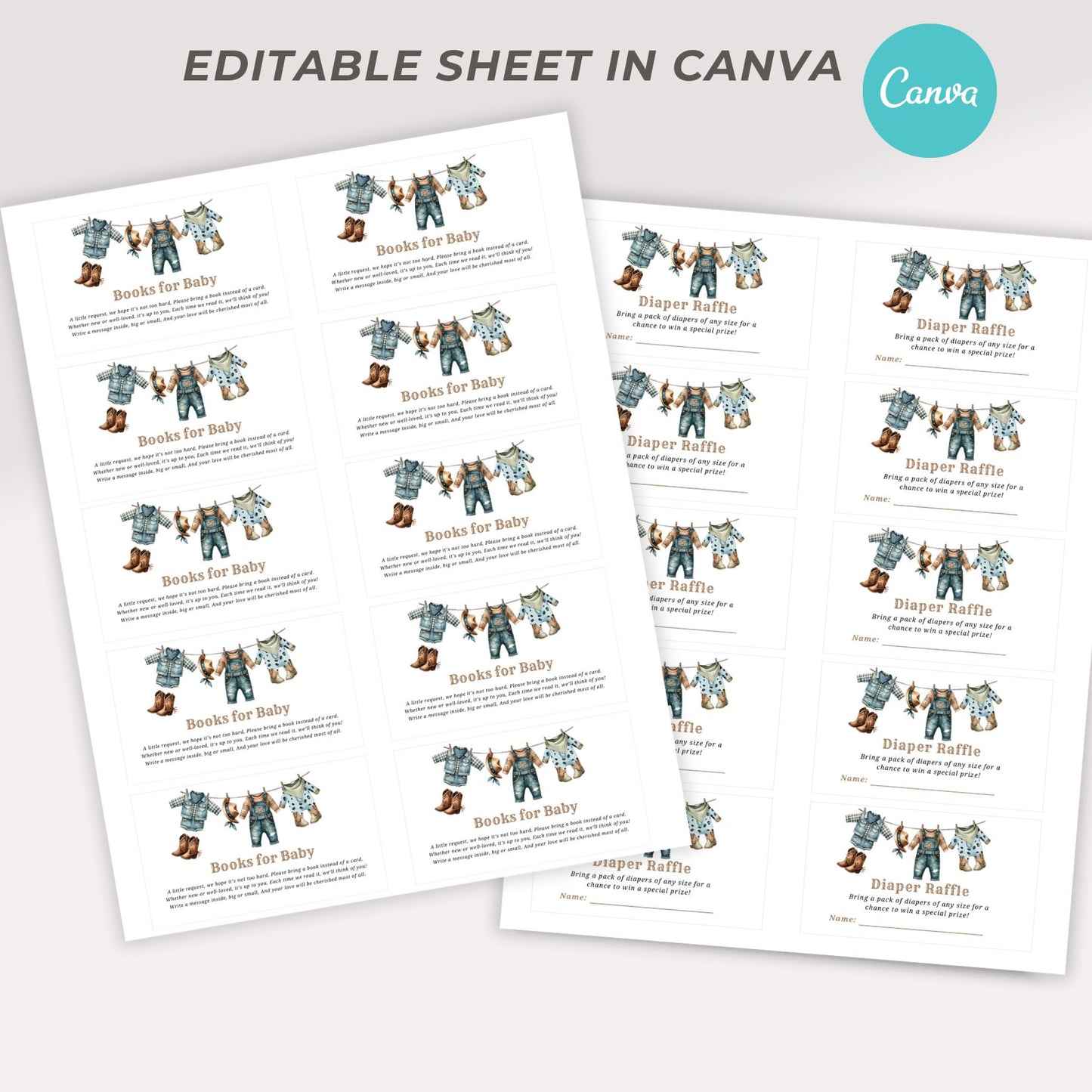 Two sheets of baby shower raffle and Books fo baby cards with illustrations and text on a white background, featuring the Canva logo.