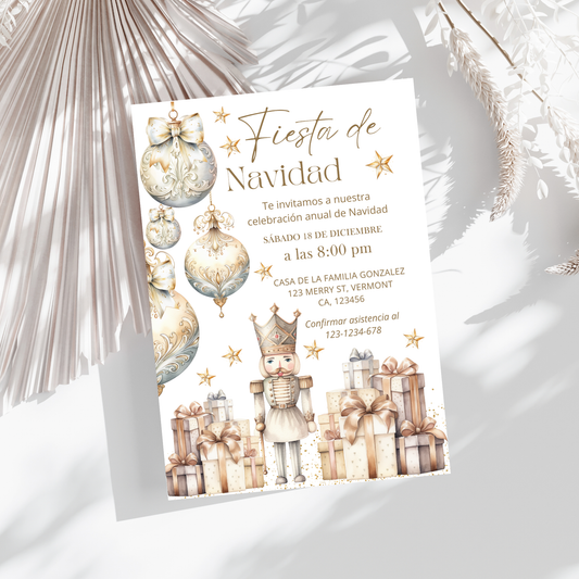 White Elegant Ornaments Christmas party invitation with festive decorations on a white background