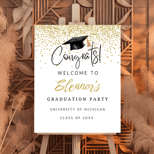 Editable Gold Confetti Cap Graduation Welcome Sign, High School & College Grad Party Poster