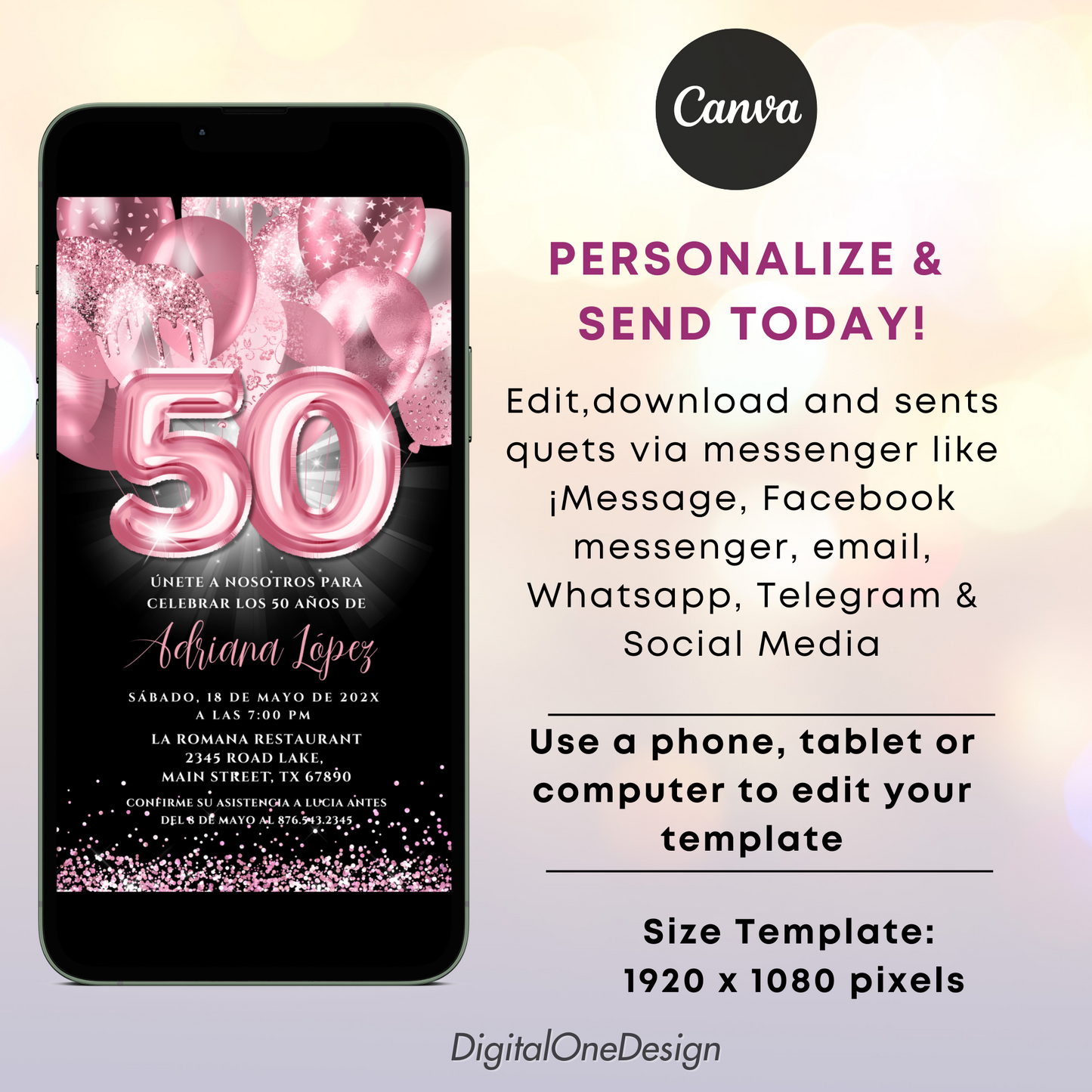 Digital invitation card for a 50th birthday party with pink balloons on a phone screen, featuring Canva branding.