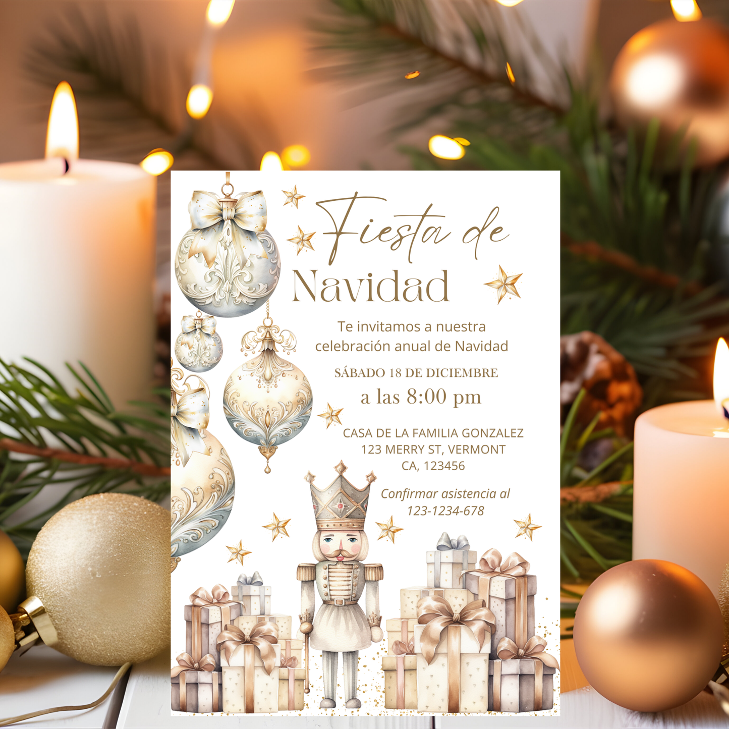Spanish Christmas party invitation with festive decorations including candles and ornaments.