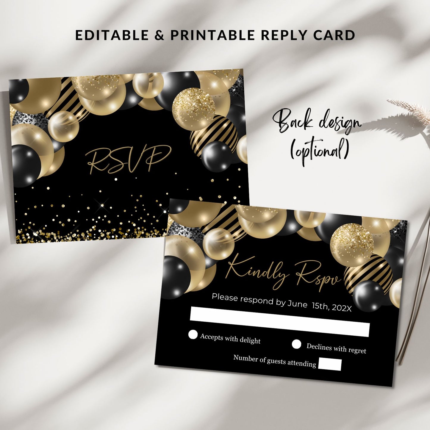 Black and gold RSVP card with decorative elements on a white fabric background