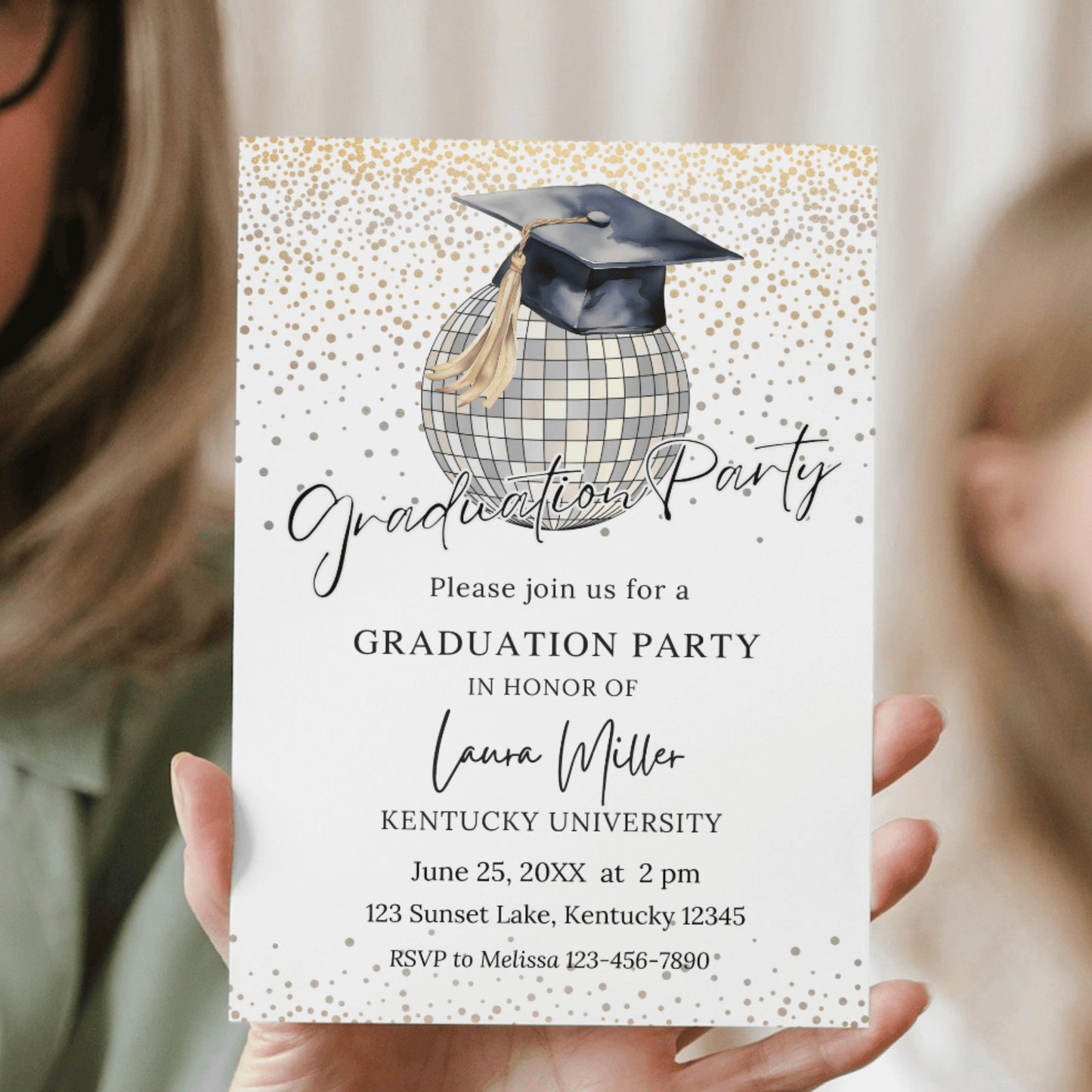 Editable Disco Ball Graduation Invitation, Gold & Silver Confetti Design, Photo Grad Party Invite, Disco Theme Graduation