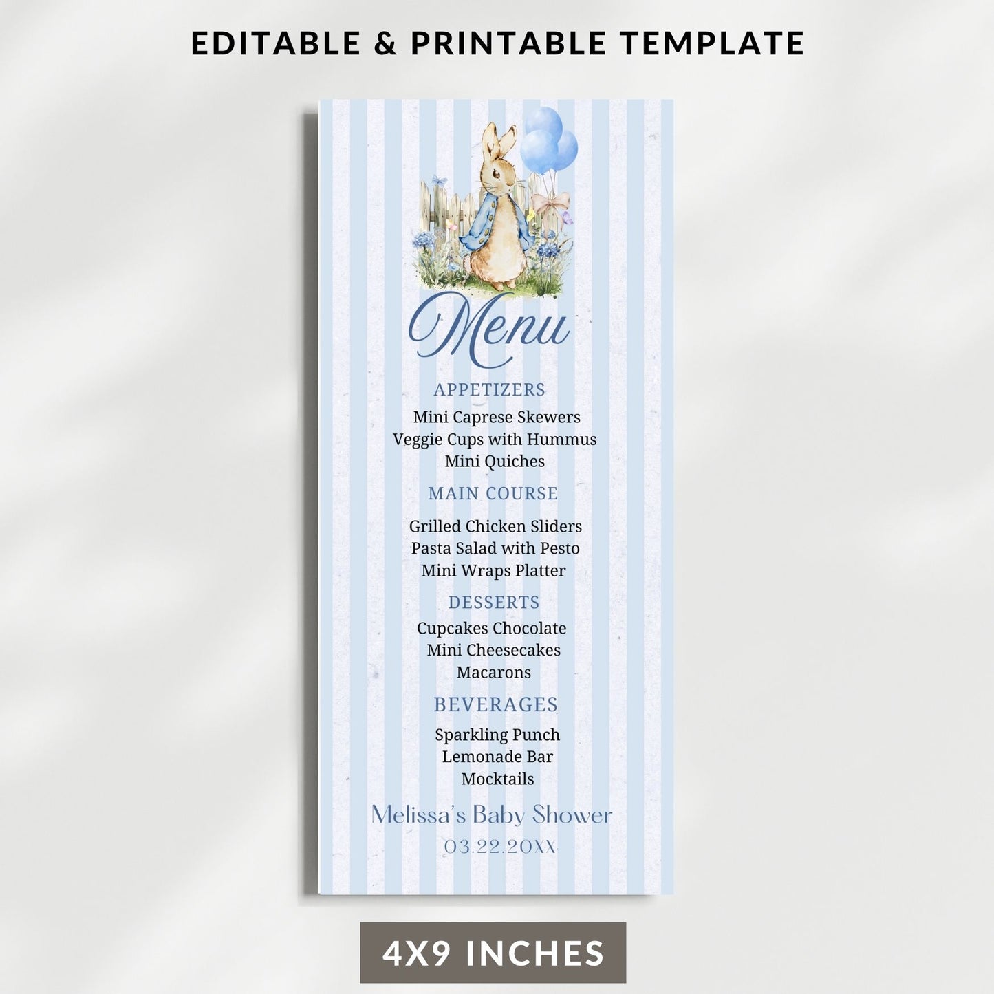 Baby shower menu template with blue stripes and bunny Peter Rabbit design on a white background
