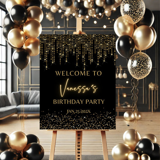 Black and Gold Birthday party welcome sign with balloons in a decorated room