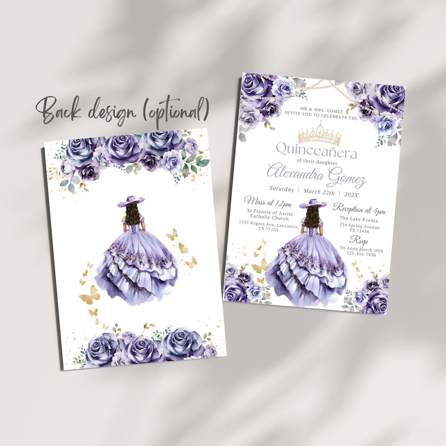 Charro Mexican Quinceanera invitation with purple floral design on a gray background