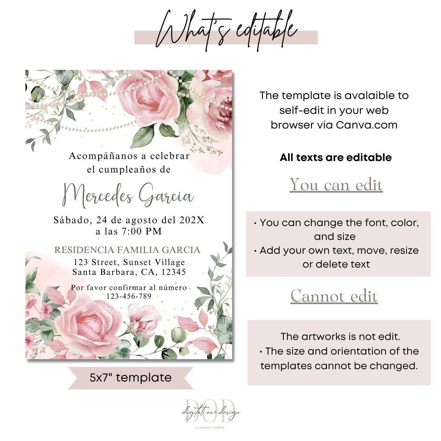 Pink Floral invitation template with editable text on a white background
