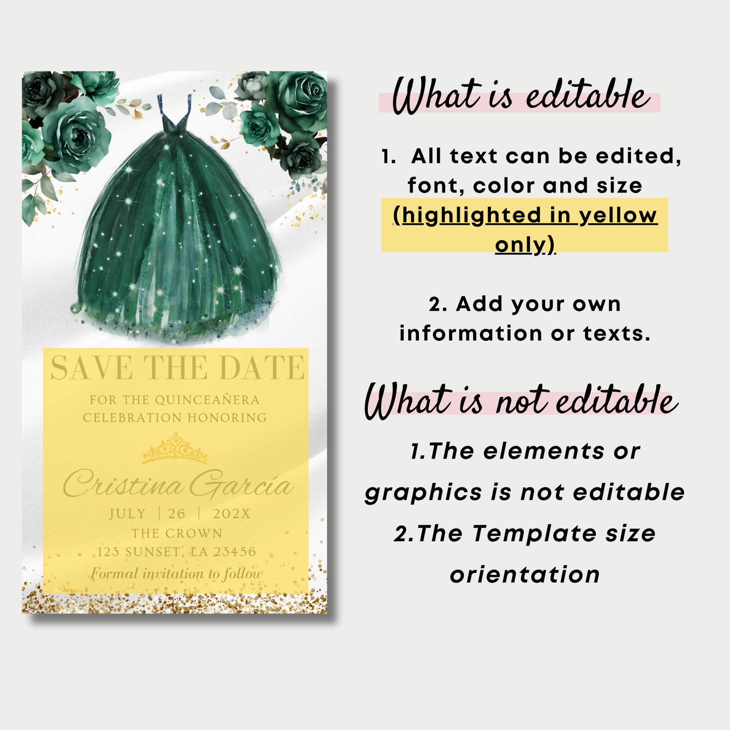Emerald Green dress with flowers on a white background, save the date card with text overlay.