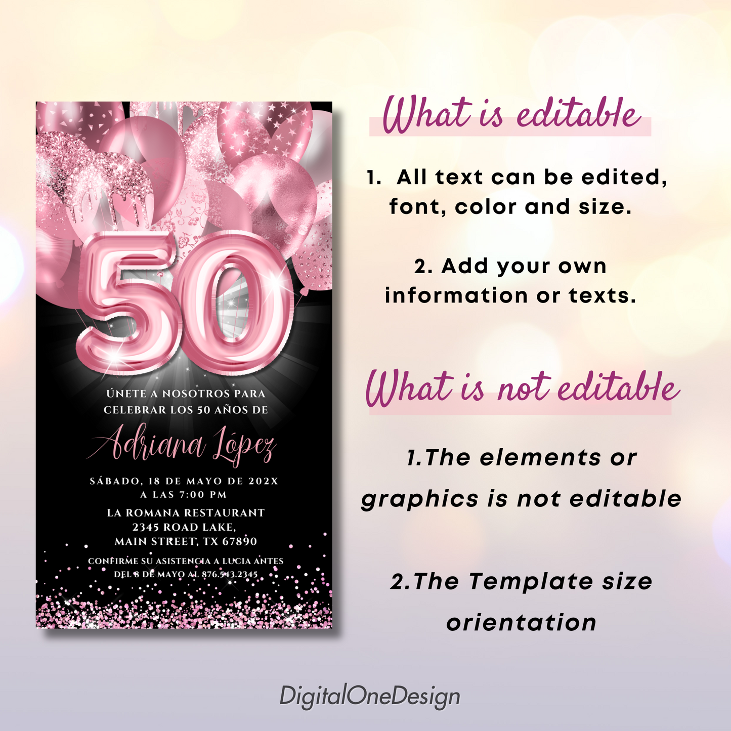 50th birthday invitation card with pink balloons and editable text options.