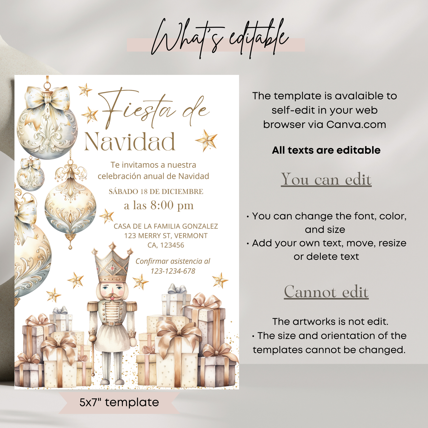 White Christmas invitation template with editable text on a white background