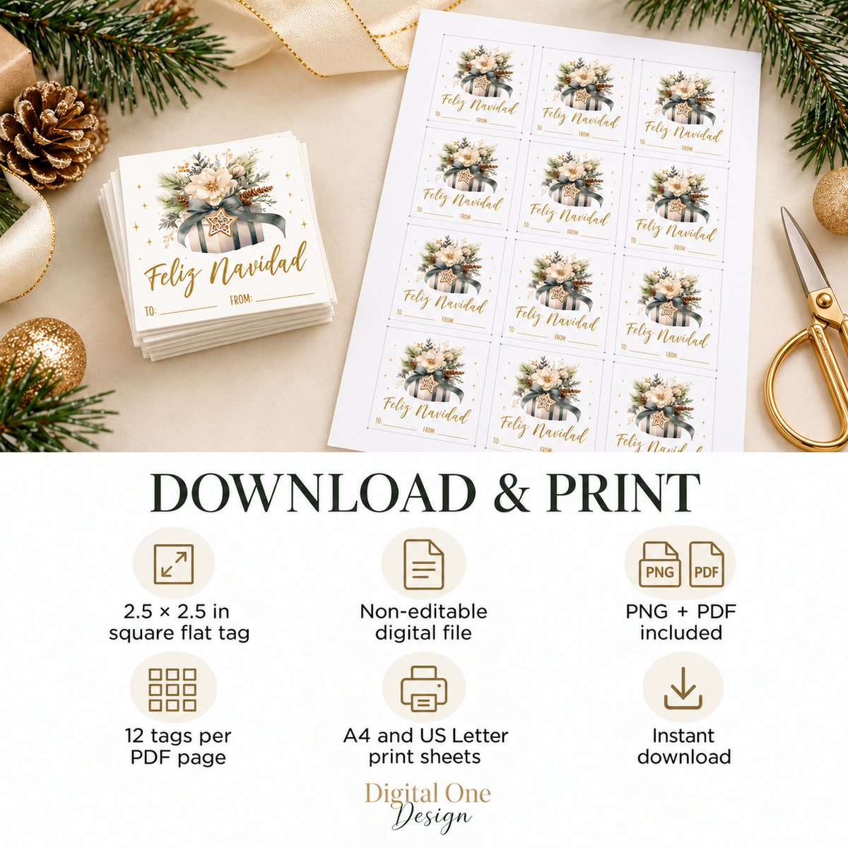 Feliz Navidad printable gift tags sheet with floral design for Christmas gifts, downloadable in PNG and PDF formats.
