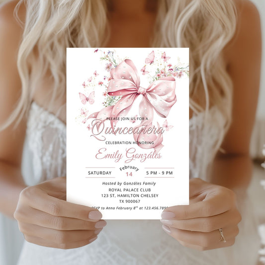 Quinceanera invitation template with pink bow and pearls