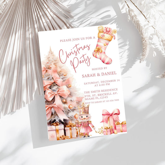 Pink Christmas party invitation with festive elements on a white background