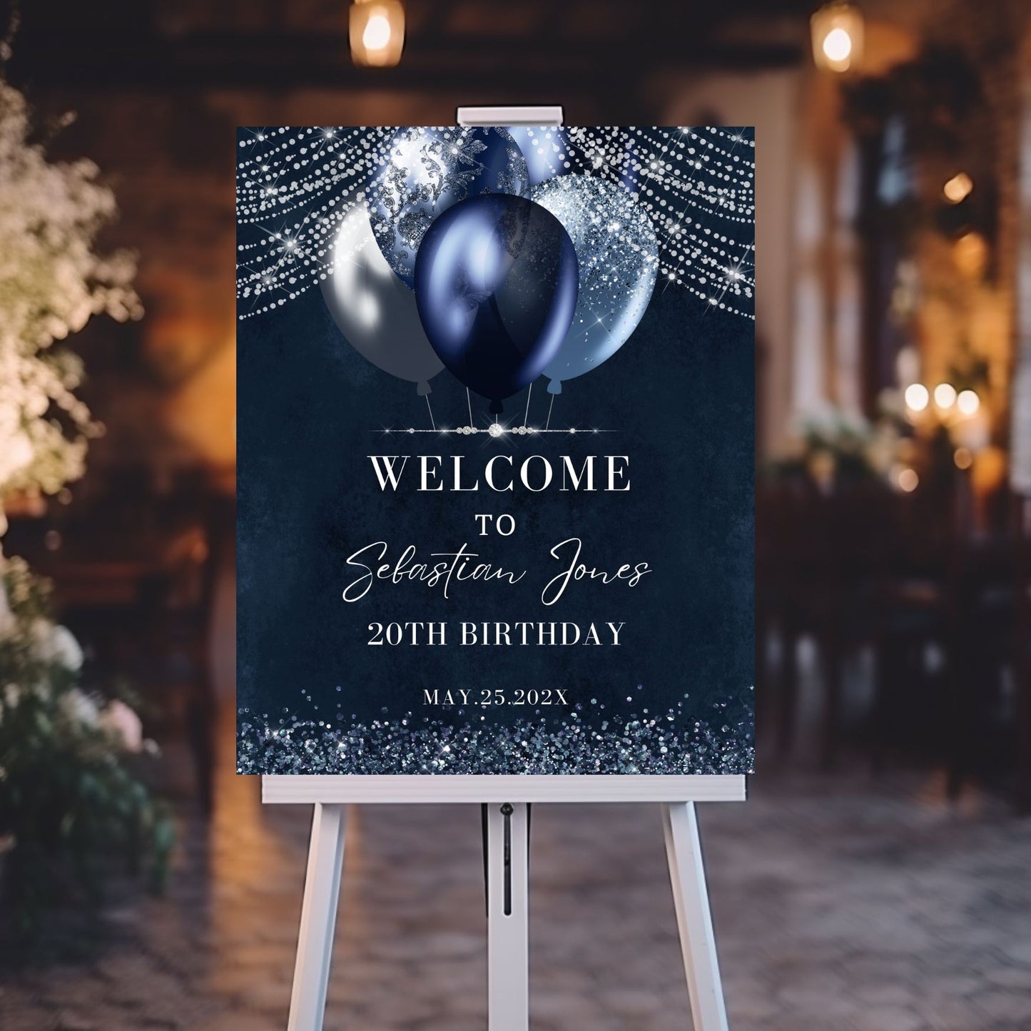 Decorative welcome sign for a birthday party with balloons and text on an easel.