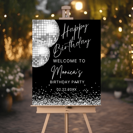 Happy Birthday Welcome Sign with Silver Disco Ball