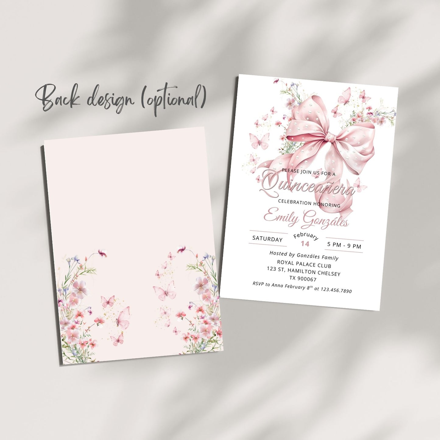 Quinceanera invitation with floral design on a gray background