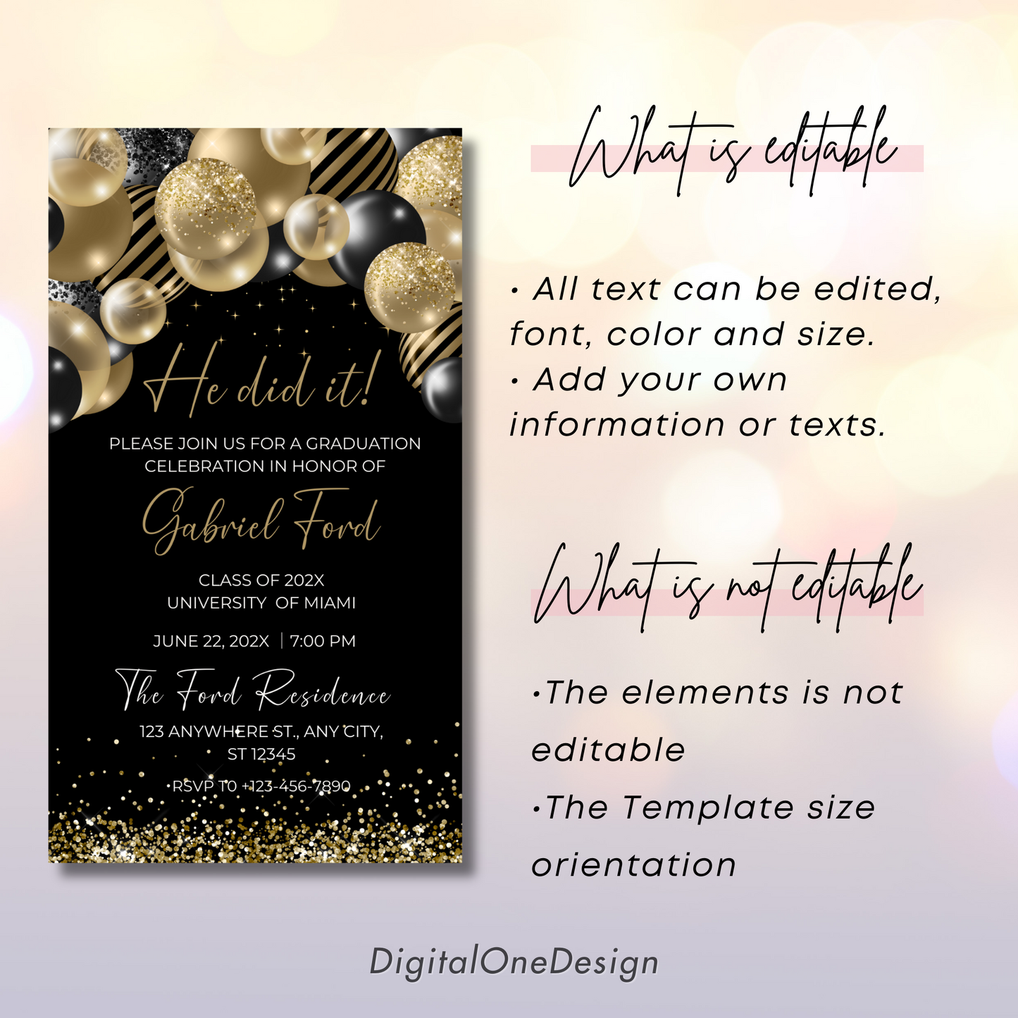 Editable Gold & Black Balloons Graduation Invite Template